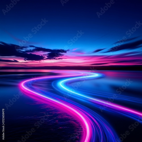 Abstract neon light trails over calm water at sunset.