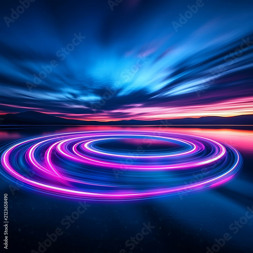 Abstract neon light vortex effect over calm water at dusk.