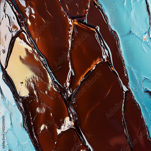 Abstract chocolate brown and turquoise fluid swirls with rich textured effect.