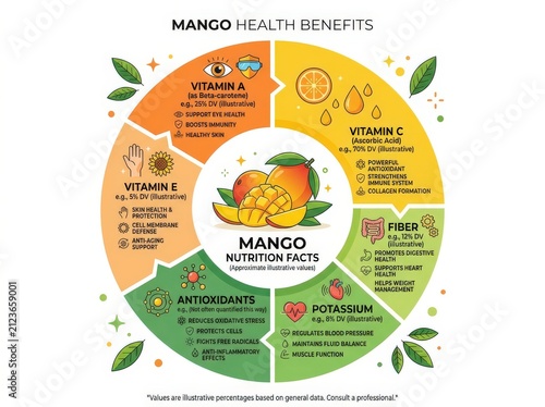 Mango nutrition facts infographic. Healthy fruit vitamins and minerals chart.