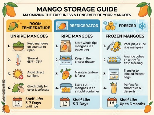 Mango storage guide infographic. Tips for keeping fresh fruit in fridge or freezer.
