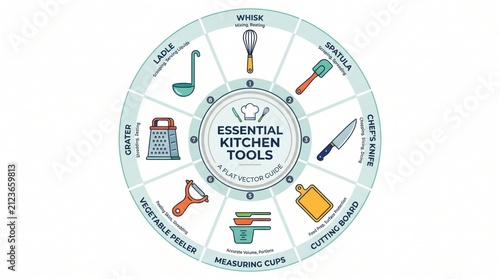 Essential kitchen tools circular infographic. Culinary equipment icons for cooking guide.