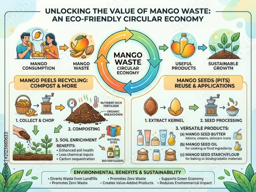 Mango waste circular economy infographic. Sustainable fruit recycling and upcycling process.