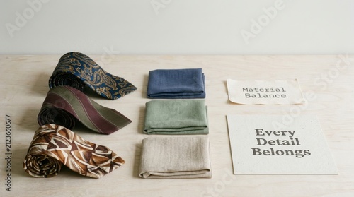 Collection of elegant silk neckties and folded pocket squares displayed on a wood table with inspirational text cards, highlighting classic mens tailoring and sophisticated style for professional men.