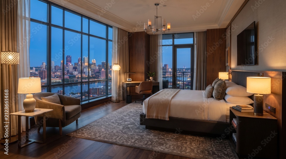 Fototapeta premium Luxury hotel room with elegant king size bed sophisticated furniture and floor to ceiling windows