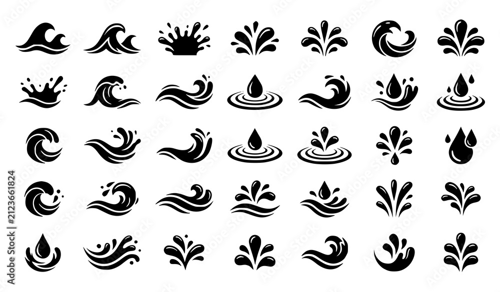 Obraz premium Set of black water splash icons and wave symbols isolated on a white background for graphic design