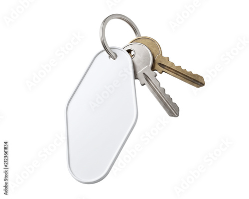 Blank motel keychain with metal keys. Isolated vintage hotel tag for custom branding design.