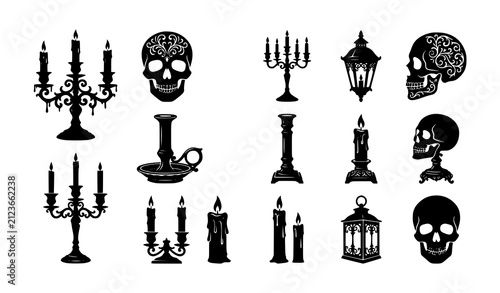 фотографія Set of black silhouettes featuring skulls candles candelabras and vintage lanter