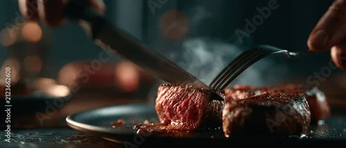 Obraz  z motywem Indulgent closeup of a perfectly seared steak being sliced, steam rising from tender medium rare beef on a dark plate. Ideal for restaurant menus, steakhouse branding, and luxury food.