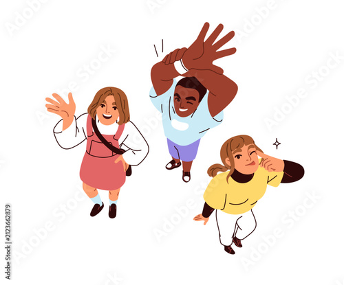 Top down view, happy people looking up. Smiling excited friends, man and wome...