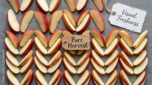 Fresh red apple slices neatly arranged in a symmetrical pattern on a textured gray fabric background with wooden and paper tags, perfect for healthy eating concepts and organic harvest marketing idea.