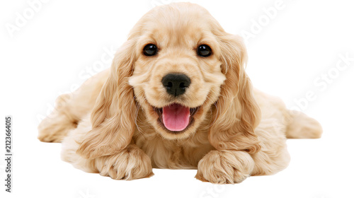Foto Adorable golden cocker spaniel puppy with floppy ears panting happily, isolated