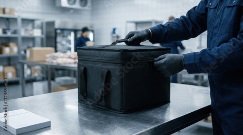 Person in blue uniform closing zipper on black insulated delivery bag.