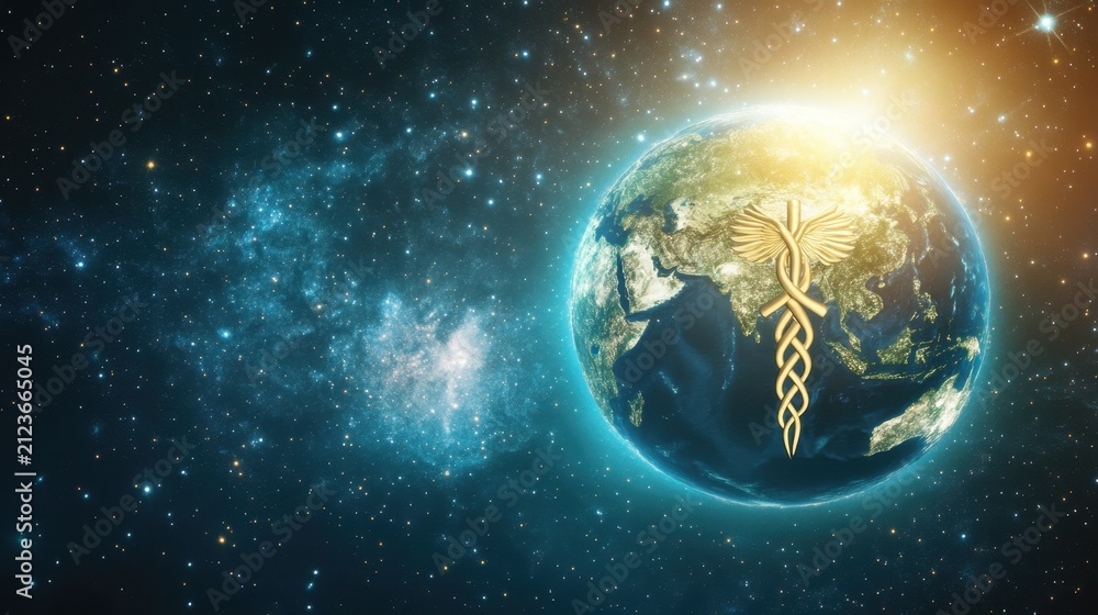 Obraz premium Earth Globe with Medical Caduceus Symbol in Space