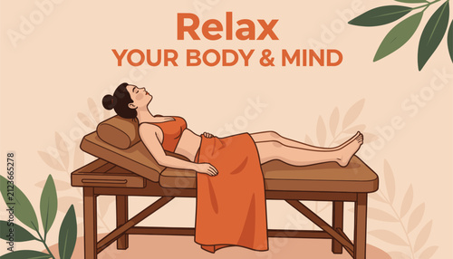 Woman Relaxing on Massage Table in Spa Setting Illustration