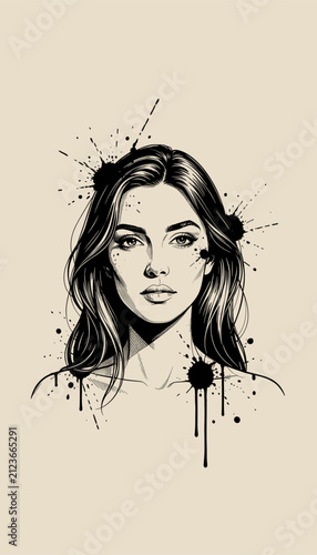 Woman Portrait with Ink Splatter Artistic Illustration