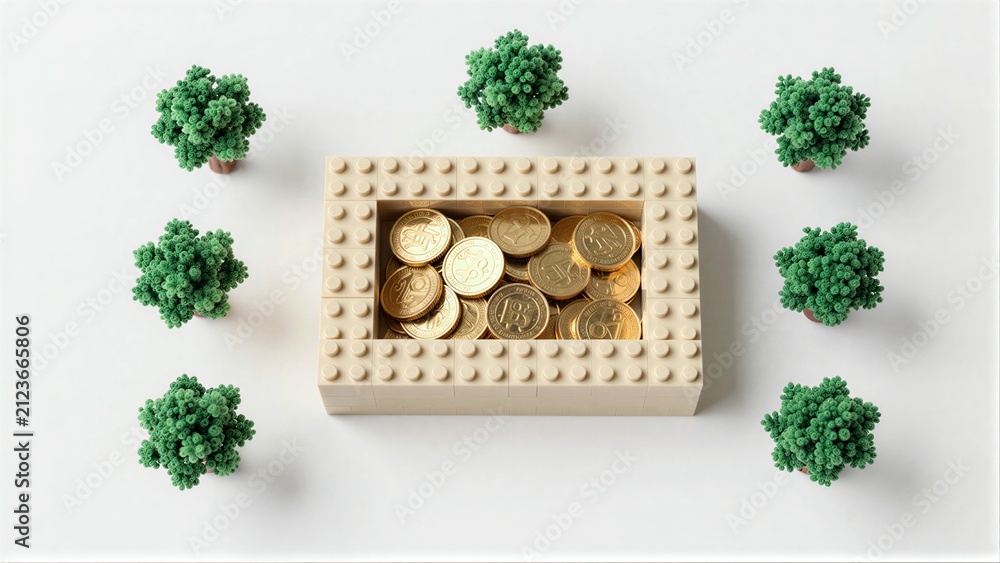 Fototapeta premium Lego box filled with gold coins, surrounded by green tree models on white surface.