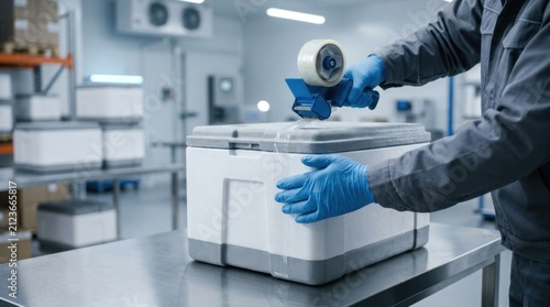 Person taping closed insulated cooler box for cold chain logistics and transport.