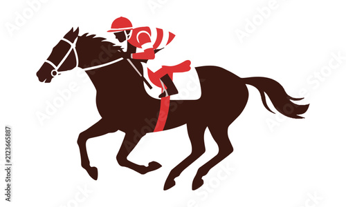 Stylized equestrian jockey riding a galloping thoroughbred racehorse in a dynamic side profile view isolated on a white background, professional sports concept