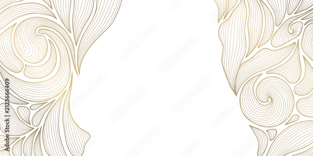 Fototapeta premium Luxury botanical pattern with golden line leaves, flowers, tropical foliage, art deco. Abstract vector illustration organic botanical texture, ornament, packaging, greeting, posters, banners, tea