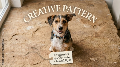 Small scruffy terrier dog sits on rustic stone floor with creative pattern text and paper tag message about unity and unique features making a beautiful combination for pet owners and animal fans now.