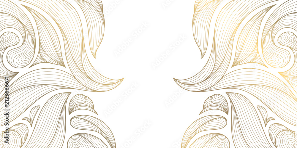 Fototapeta premium Luxury botanical pattern with golden line leaves, flowers, tropical foliage, art deco. Abstract vector illustration organic botanical texture, ornament, packaging, greeting, posters, banners, tea