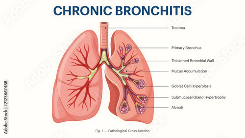 Medical illustration of human lungs affected by chronic bronchitis condition
