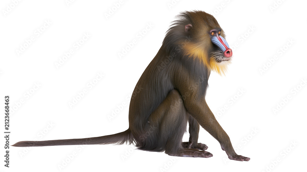 Fototapeta premium Mandrill monkey with colorful face sitting, isolated on transparent background