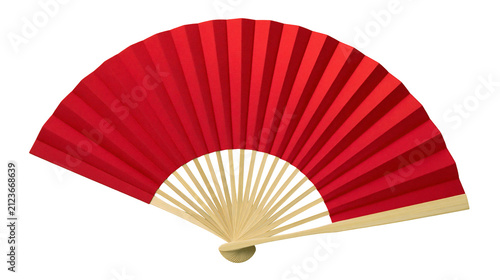 Obraz na płótnie Red paper folding fan with wooden ribs, isolated on transparent background