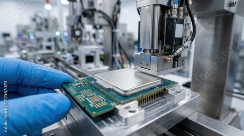 Precision robotic arm assembling computer processor onto electronic motherboard in high tech facility.