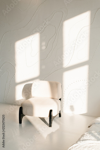 Modern White Armchair With Black Legs In Bright Studio Interior