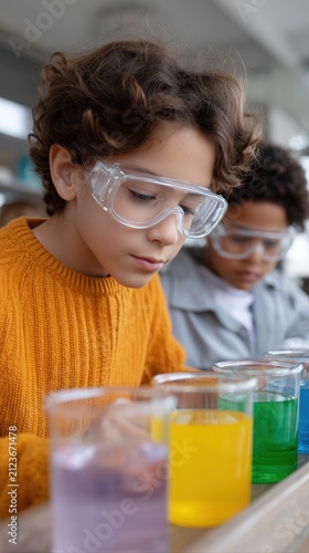 Schoolboy wearing safety goggles during a science experiment in classroom, education, curiosity, STEM learning, childhood discovery.