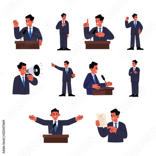 Professional Male Politician Speech Character Illustration Set