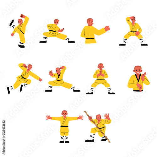 Dynamic Shaolin Kung Fu Master Character Vector Collection