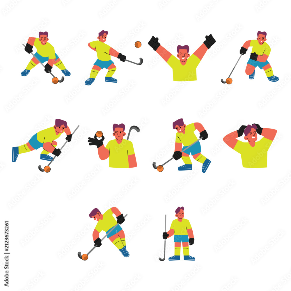 Fototapeta premium Dynamic Field Hockey Player Action Character Illustration Set