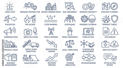 Crisis Management and Disaster Response Icon Set, 30 Business Continuity Line Icons, Emergency Preparedness and Risk Assessment Vector Graphics