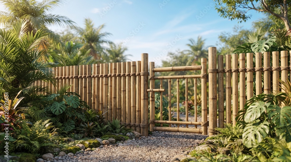 Fototapeta premium Bamboo fence with gate in tropical garden. Wooden barrier entrance in exotic landscape.
