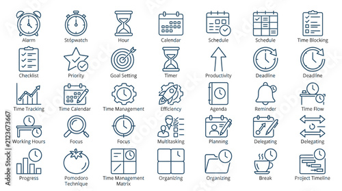 Time management line icons set, productivity and schedule planning vector elements, business organization and deadline tracking symbols