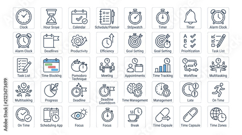 Time management icons set, 40 productivity and scheduling line icons, business planning and workflow vector elements for project management