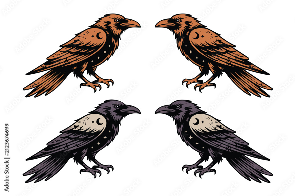 Obraz premium set of Cosmic Raven with Celestial Elements Vector Illustration Isolated on White Background