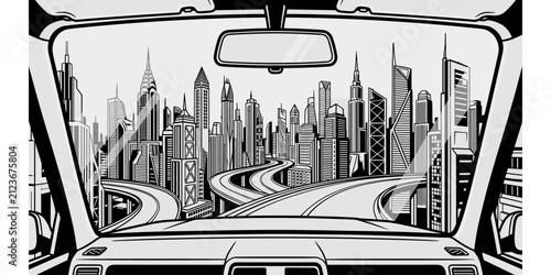 Cityscape skyline view from car windshield interior