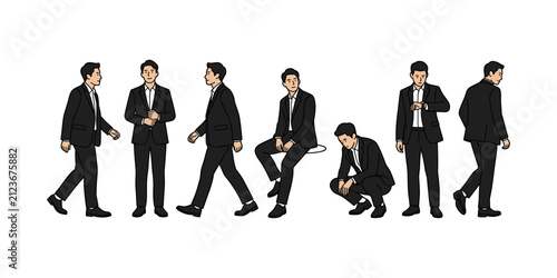 Businessman in black suit character set with various poses