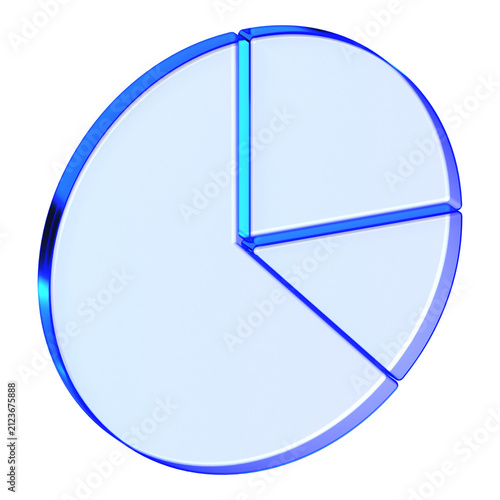 Blue glass pie chart icon in glassmorphism style for financial reports, sleek graph symbol designed for data segment, market share, and business metrics