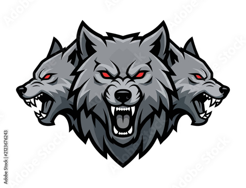 Fierce Three Headed Grey Wolf Mascot with Red Eyes Snarling Aggressively Illustration Style