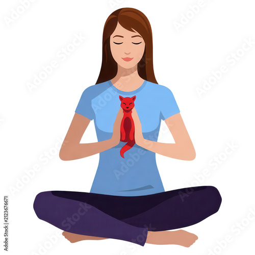 Woman Meditating with Red Fox Transparent Background