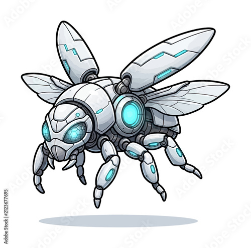 Futuristic robotic insect with glowing blue eyes and mechanical wings hovering a high tech digital illustration