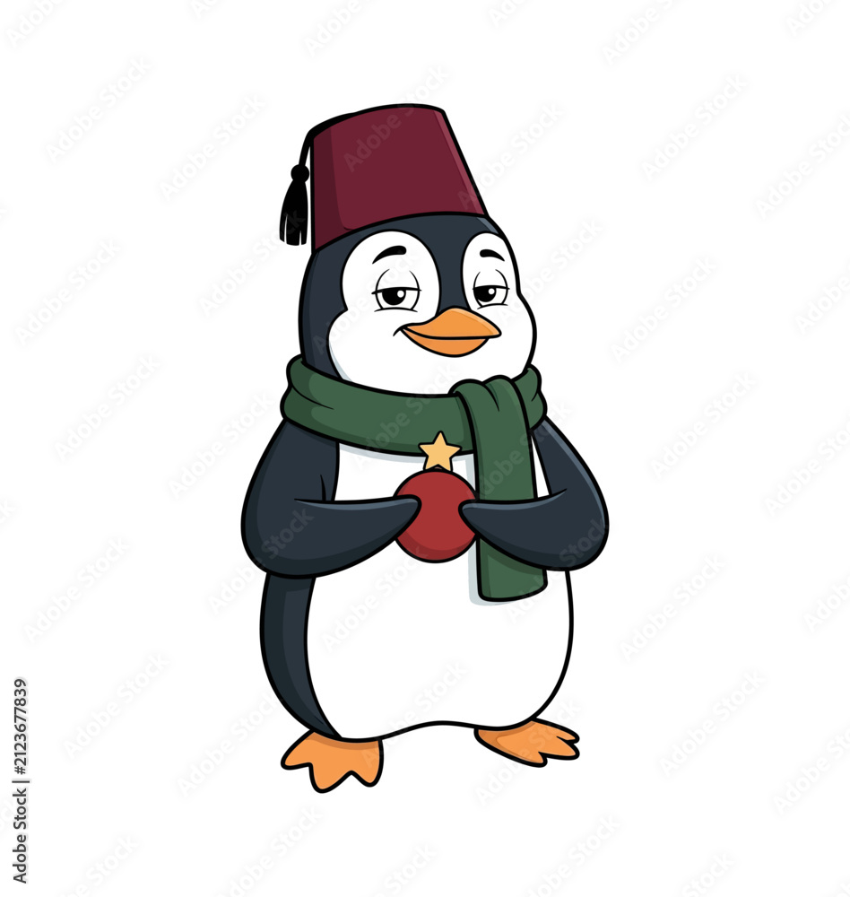 Fototapeta premium Cute penguin wearing a red fez hat and green scarf holding a red Christmas ornament with a gold star smiling calmly
