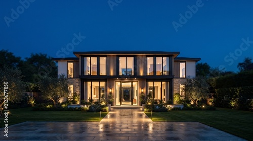 Luxury modern house exterior at night. Contemporary mansion with warm glowing landscape lights.