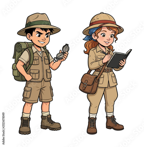 Two happy diverse children explorers a boy with a compass and a girl writing in a journal discovering new things