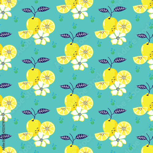 Seamless lemon blossom pattern with citrus fruit, slices, and botanical leaves on a turquoise background. Fresh summer print for fabric, wallpaper, wrapping paper, and home décor.